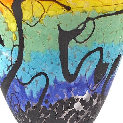 8" Red Orange Blue And Black Blue Abstract Oval Murano Glass Table Vase HomeRoots