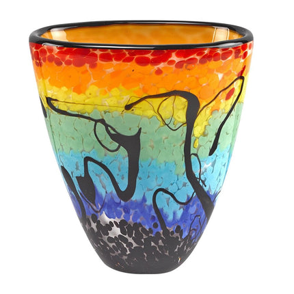 8" Red Orange Blue And Black Blue Abstract Oval Murano Glass Table Vase HomeRoots