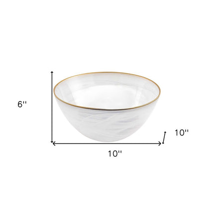 10" White and Gold Alabaster Glass Round Serving Bowl HomeRoots