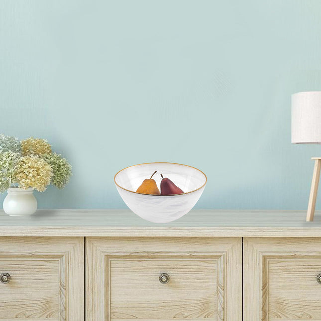 10" White and Gold Alabaster Glass Round Serving Bowl HomeRoots