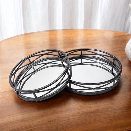Set of Two Black Round Metal And Mirrored Glass Vanity Trays HomeRoots