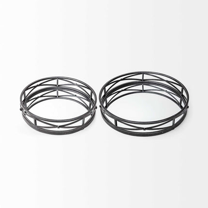 Set of Two Black Round Metal And Mirrored Glass Vanity Trays HomeRoots