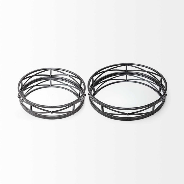 Set of Two Black Round Metal And Mirrored Glass Vanity Trays HomeRoots