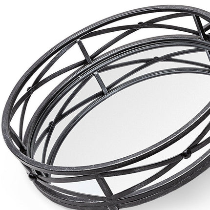 Set of Two Black Round Metal And Mirrored Glass Vanity Trays HomeRoots