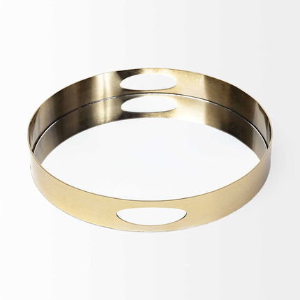 15" Gold And Mirrored Glass Round Metal Tray With Handles HomeRoots