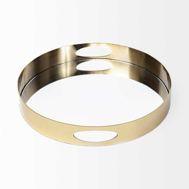 15" Gold And Mirrored Glass Round Metal Tray With Handles HomeRoots