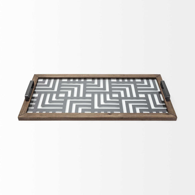 32" Brown and Black Glass Metal And Wood Geometric Serving Tray With Handles HomeRoots