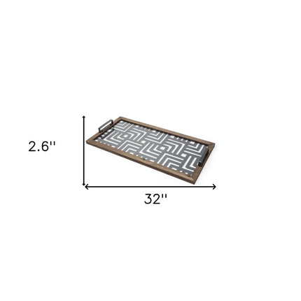 32" Brown and Black Glass Metal And Wood Geometric Serving Tray With Handles