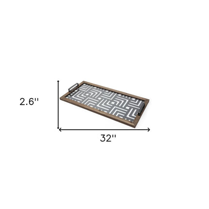 32" Brown and Black Glass Metal And Wood Geometric Serving Tray With Handles HomeRoots