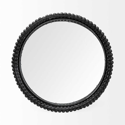 21" Matte Black Wood With Bead Mirrored Glass Bottom Round Tray HomeRoots