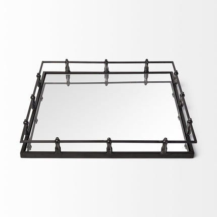 Natural Finish Metal With Mirrored Glass Bottom And Railing Handle Tray HomeRoots