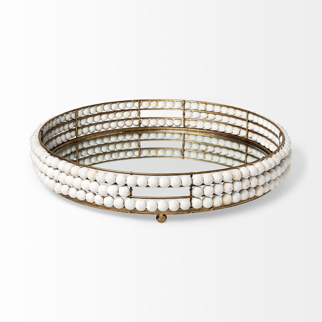 22" Antiqued Gold And White Metal Wood And Mirrored Glass Round Vanity Tray HomeRoots
