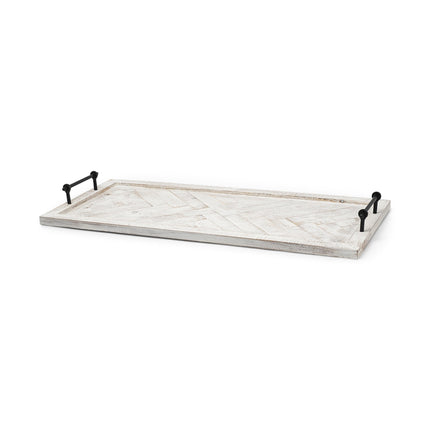 35" White and Natural Wood Indoor Outdoor Tray With Handles HomeRoots