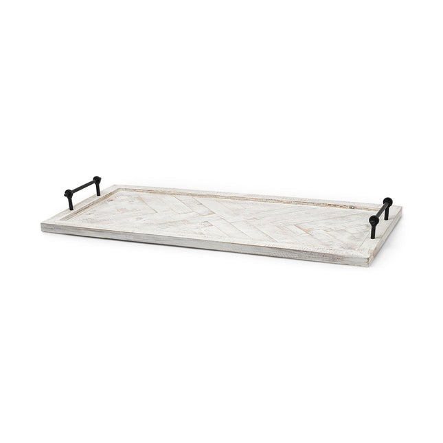 35" White and Natural Wood Indoor Outdoor Tray With Handles HomeRoots