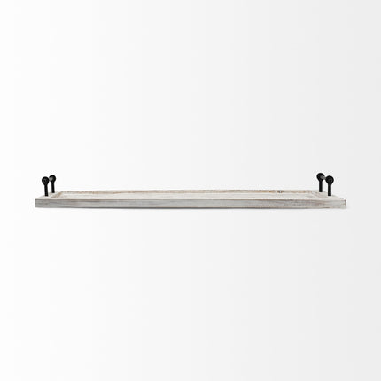 35" White and Natural Wood Indoor Outdoor Tray With Handles HomeRoots