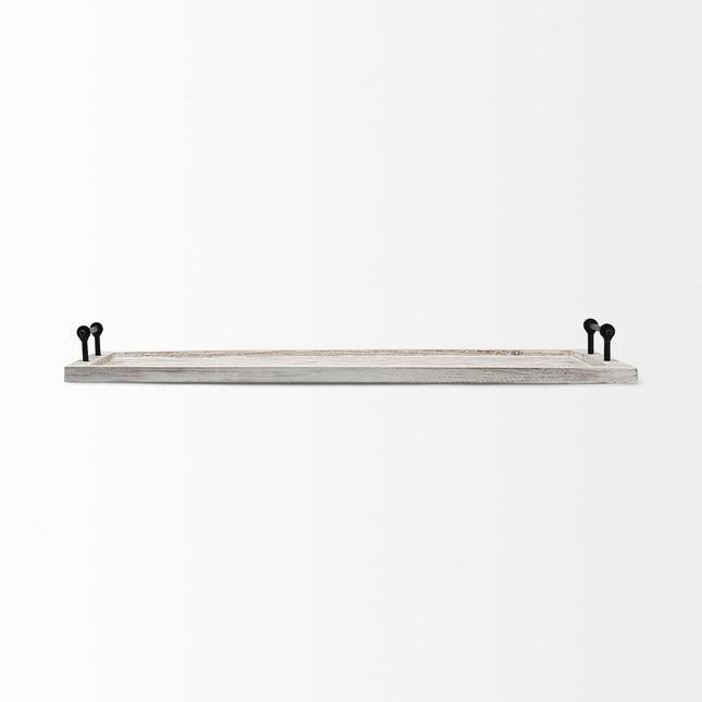 35" White and Natural Wood Indoor Outdoor Tray With Handles HomeRoots