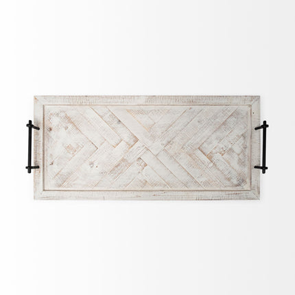 35" White and Natural Wood Indoor Outdoor Tray With Handles HomeRoots