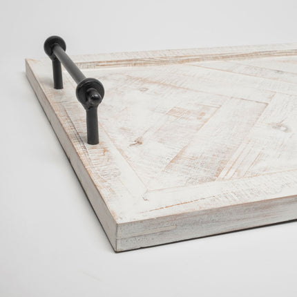 35" White and Natural Wood Indoor Outdoor Tray With Handles HomeRoots