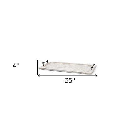 35" White and Natural Wood Indoor Outdoor Tray With Handles HomeRoots