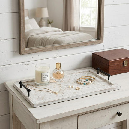 35" White and Natural Wood Indoor Outdoor Tray With Handles HomeRoots