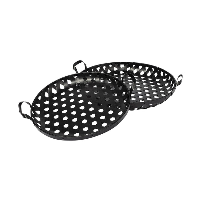Set of Two Black Round Metal Indoor Outdoor Tray With Handles HomeRoots
