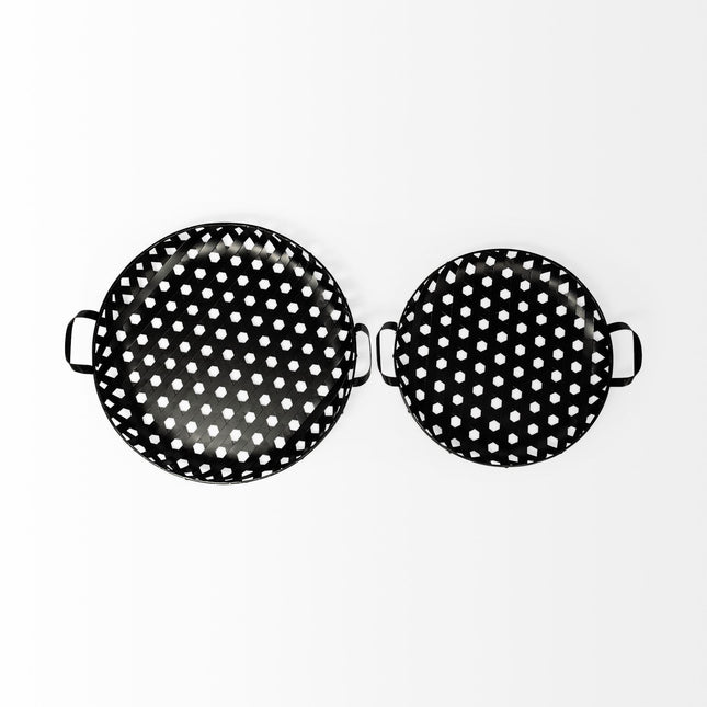 Set of Two Black Round Metal Indoor Outdoor Tray With Handles HomeRoots