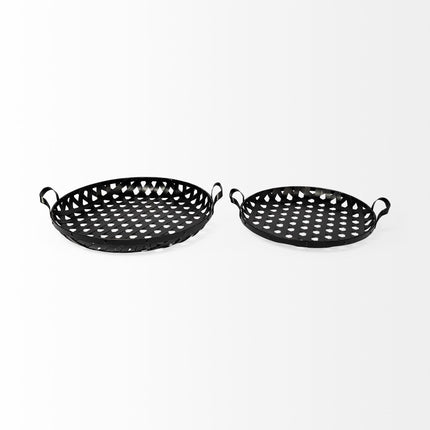 Set of Two Black Round Metal Indoor Outdoor Tray With Handles HomeRoots
