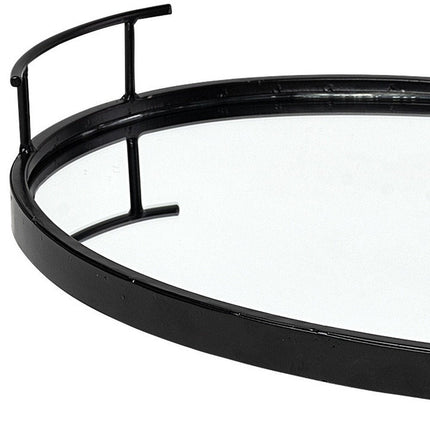 20" Black Metal And Mirrored Glass Oval Vanity Tray With Handles HomeRoots