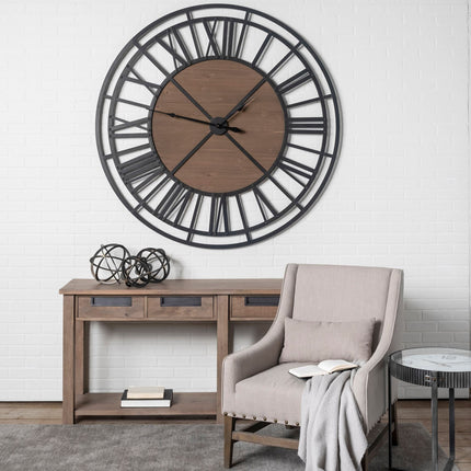 59" Black And Brown Metal and Solid Wood Skeleton Circle Wall Clock HomeRoots