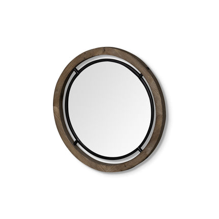 19" Black And Brown Metal And Solid Wood Round Geometric Framed Accent Mirror HomeRoots