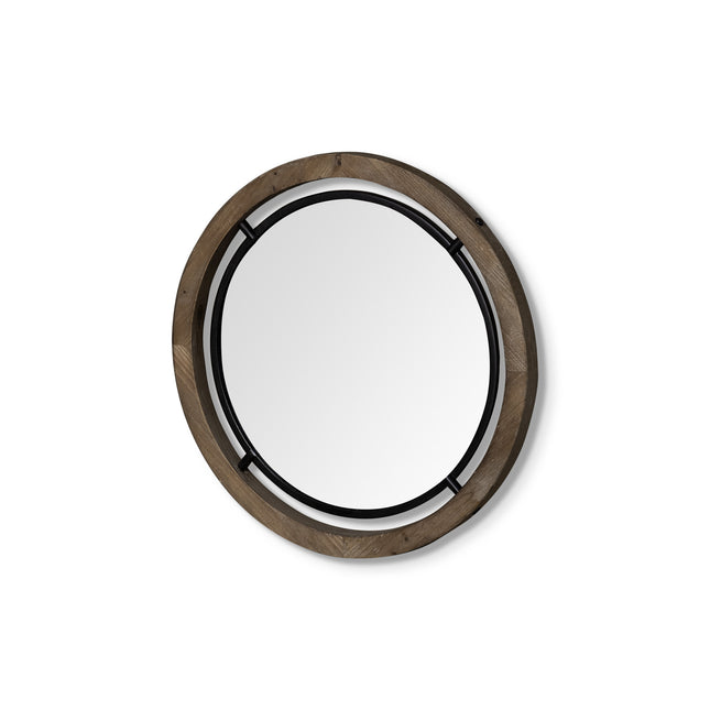 19" Black And Brown Metal And Solid Wood Round Geometric Framed Accent Mirror