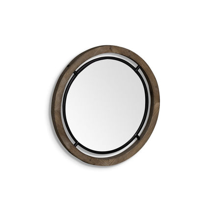 19" Black And Brown Metal And Solid Wood Round Geometric Framed Accent Mirror HomeRoots