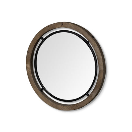 24" Brown And Black Round Metal And Wood Framed Accent Mirror HomeRoots