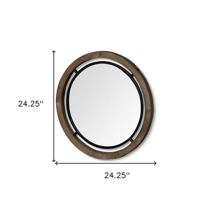 24" Brown And Black Round Metal And Wood Framed Accent Mirror HomeRoots