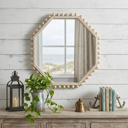 33" Natural Wood Octagon Beaded Framed Accent Mirror HomeRoots