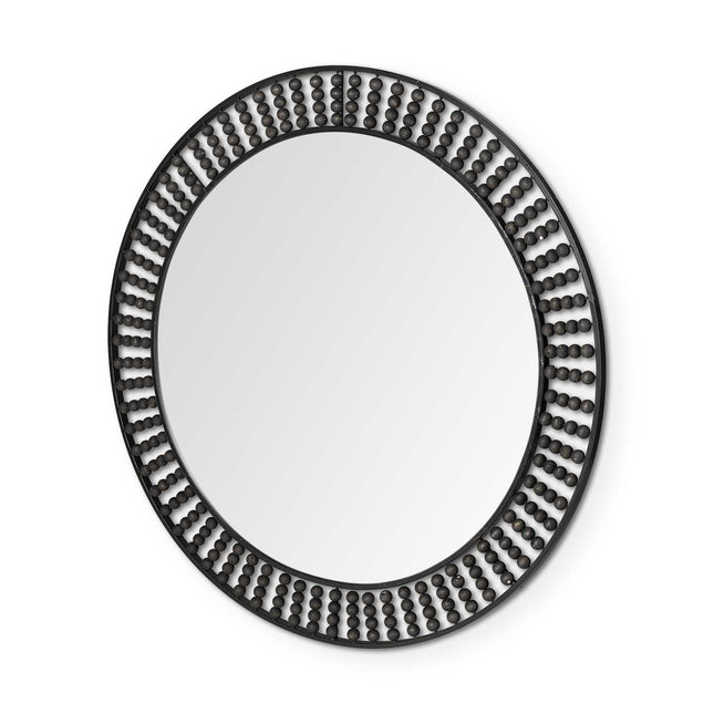 42" Round Black Metal Frame Wall Mirror With Wood Beads HomeRoots