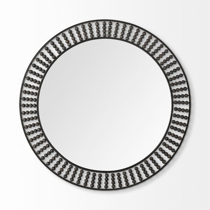42" Round Black Metal Frame Wall Mirror With Wood Beads HomeRoots