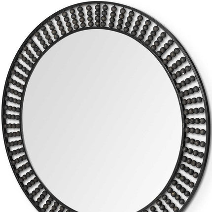 42" Round Black Metal Frame Wall Mirror With Wood Beads HomeRoots