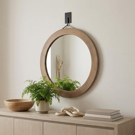 44" Brown Round Wood Framed Rope Hanging Accent Mirror HomeRoots