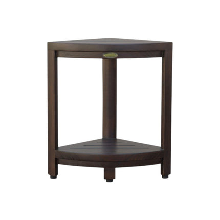 Compact Triangular Teak Shower Outdoor Bench With Shelf In Brown Finish