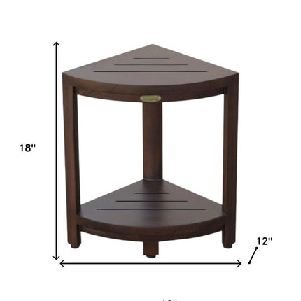 Compact Triangular Teak Shower Outdoor Bench With Shelf In Brown Finish HomeRoots