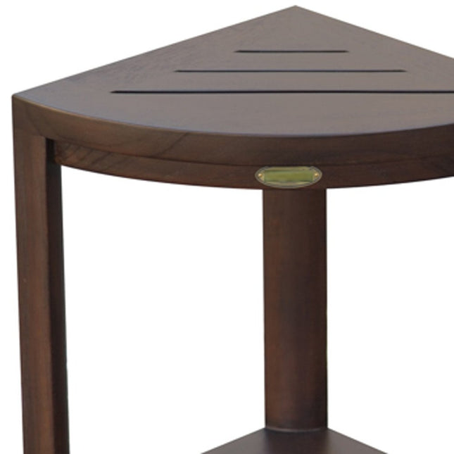 Compact Triangular Teak Shower Outdoor Bench With Shelf In Brown Finish HomeRoots