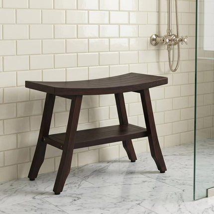 24" Dark Brown Teak Shower Bench With Shelf HomeRoots