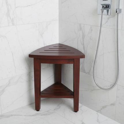 Compact Teak Corner Shower  Outdoor Bench With Shelf In Brown Finish HomeRoots