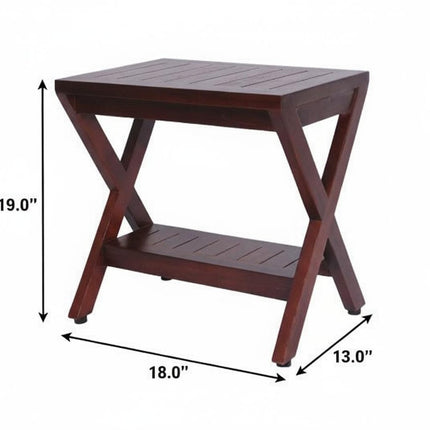 Compact X Shape Teak Shower Outdoor Bench With Shelf In Brown Finish HomeRoots