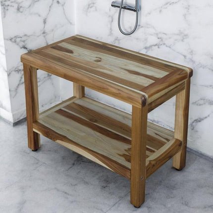 24" Natural Teak Rectangular Shower Bench With Shelf HomeRoots