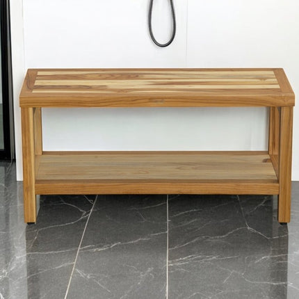 36" Natural Solid Teak Rectangular Shower Bench With Shelf HomeRoots