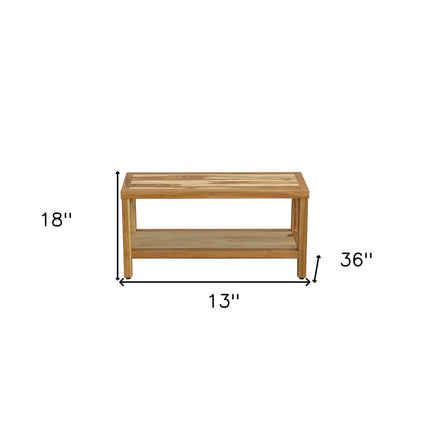 36" Natural Solid Teak Rectangular Shower Bench With Shelf HomeRoots