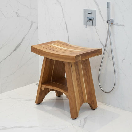 Compact Curvilinear Teak Shower Outdoor Bench With Shelf In Natural Finish HomeRoots