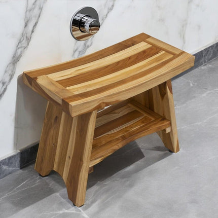 24" Natural Teak Rectangular Shower Bench With Shelf HomeRoots